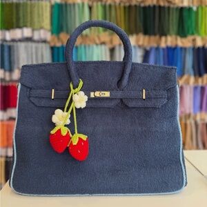 Blue Terry Cloth Tote Bag with Strawberry Charm